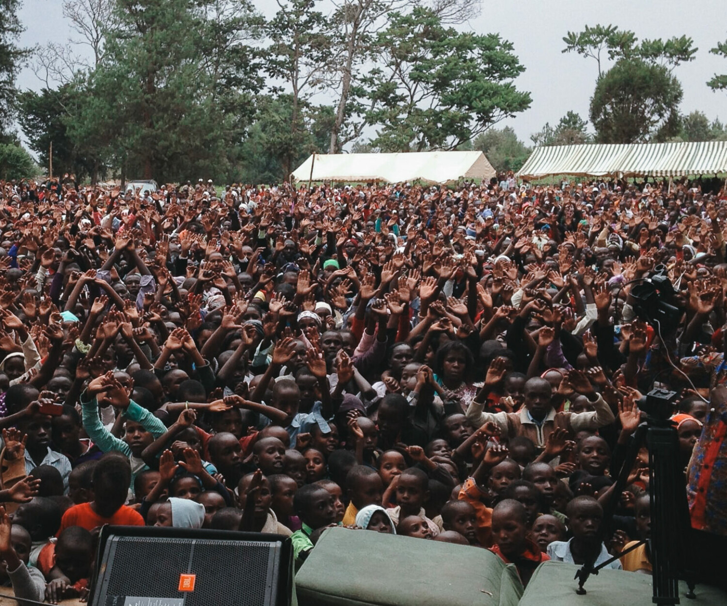 Crowd with hands raised