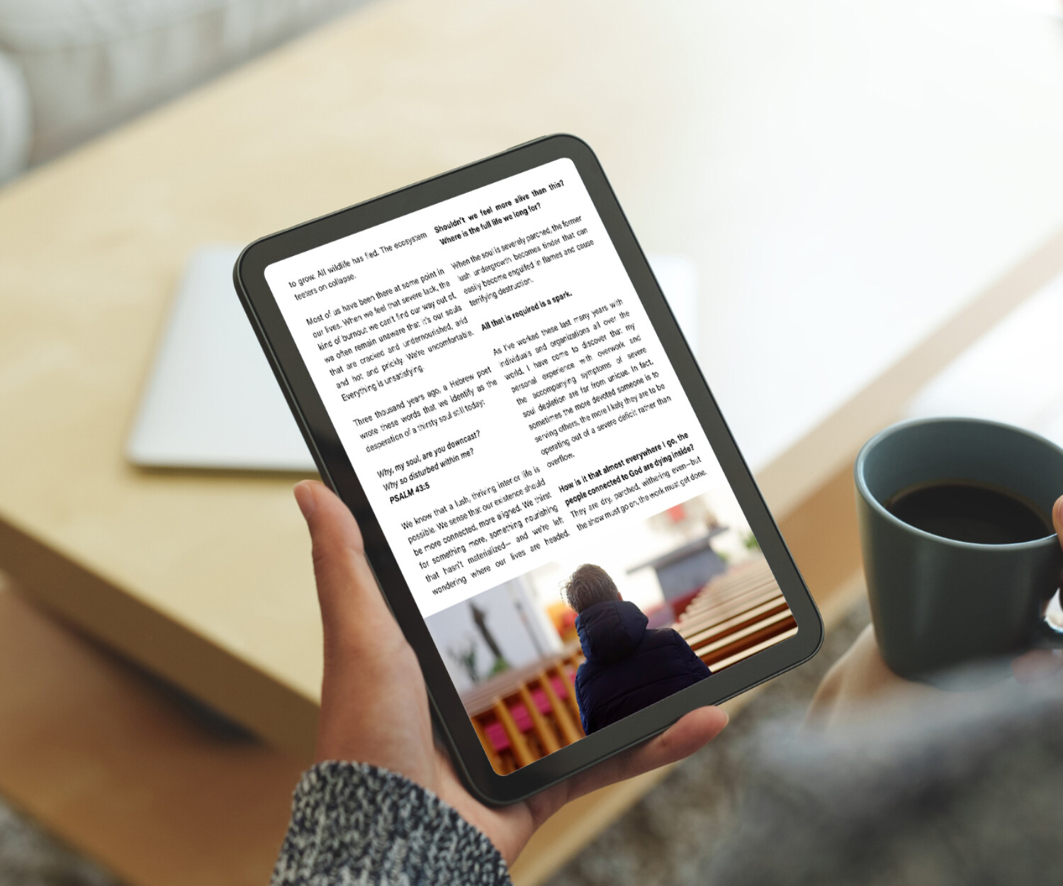 Woman reading article on iPad