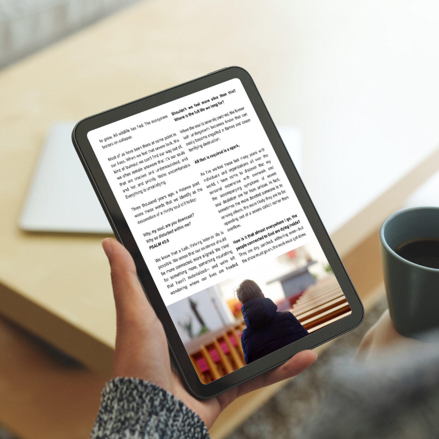 Woman reading article on iPad